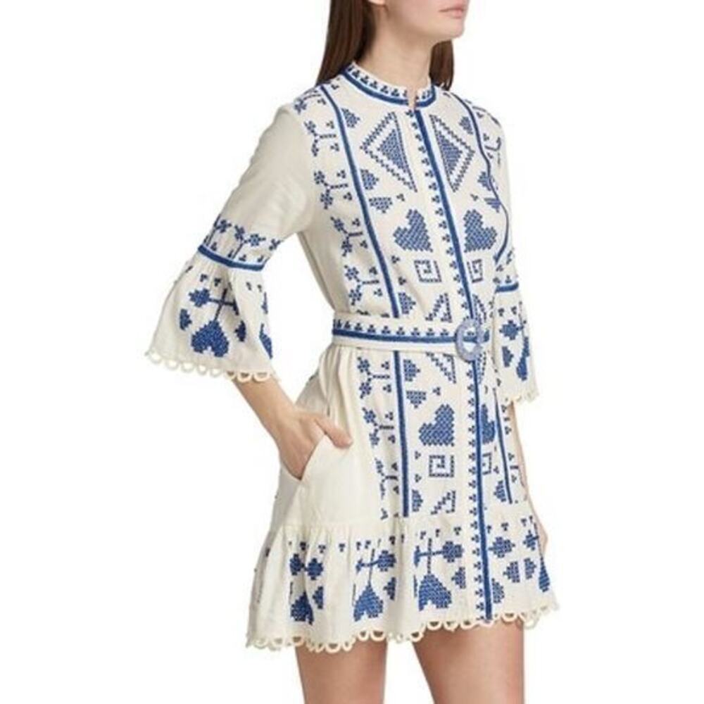 Farm Rio White Beaded Belted Embroidered Mini Dress